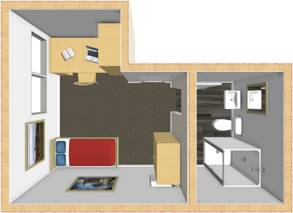 A 3D floor plan of a small room with a bed, desk with a laptop, and a wardrobe. Adjacent is a bathroom with a shower, sink, and toilet. There are two paintings on the walls and a carpeted floor in the main area.